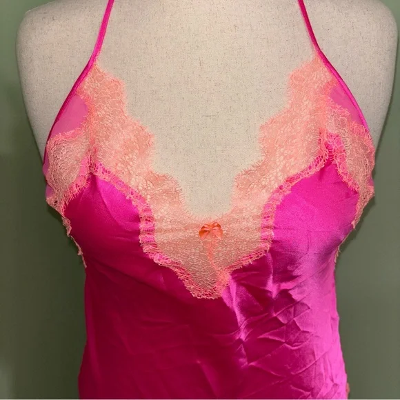 Victoria’s Secret Pink Satin Lace V-neck Chemise Open Back Fairy Women’s Sz L - Picture 3 of 8